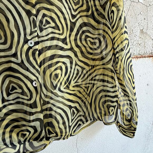 Vintage Pleated Crinkle Blouse 90s Carina Abstract Swirl Button Up Top Retro Art - Picture 2 of 5